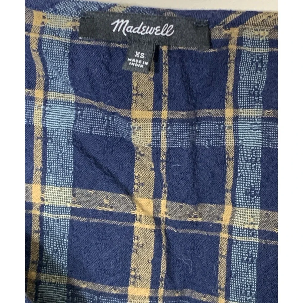 Madewell Sweetheart Wrap Top Womens XS Plaid Navy Blue Cotton Milkmaid Cottage‎